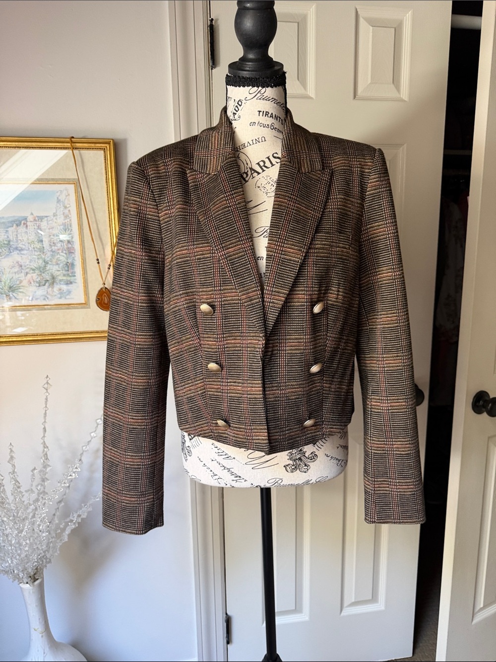 Elie Tahari Brown Plaid Cropped Double-Breasted Blazer